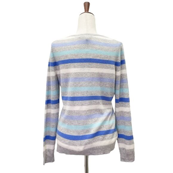 NWT Charter Club 100% Cashmere Sweater Blue & Gray Striped Pullover Size Medium - Picture 2 of 15